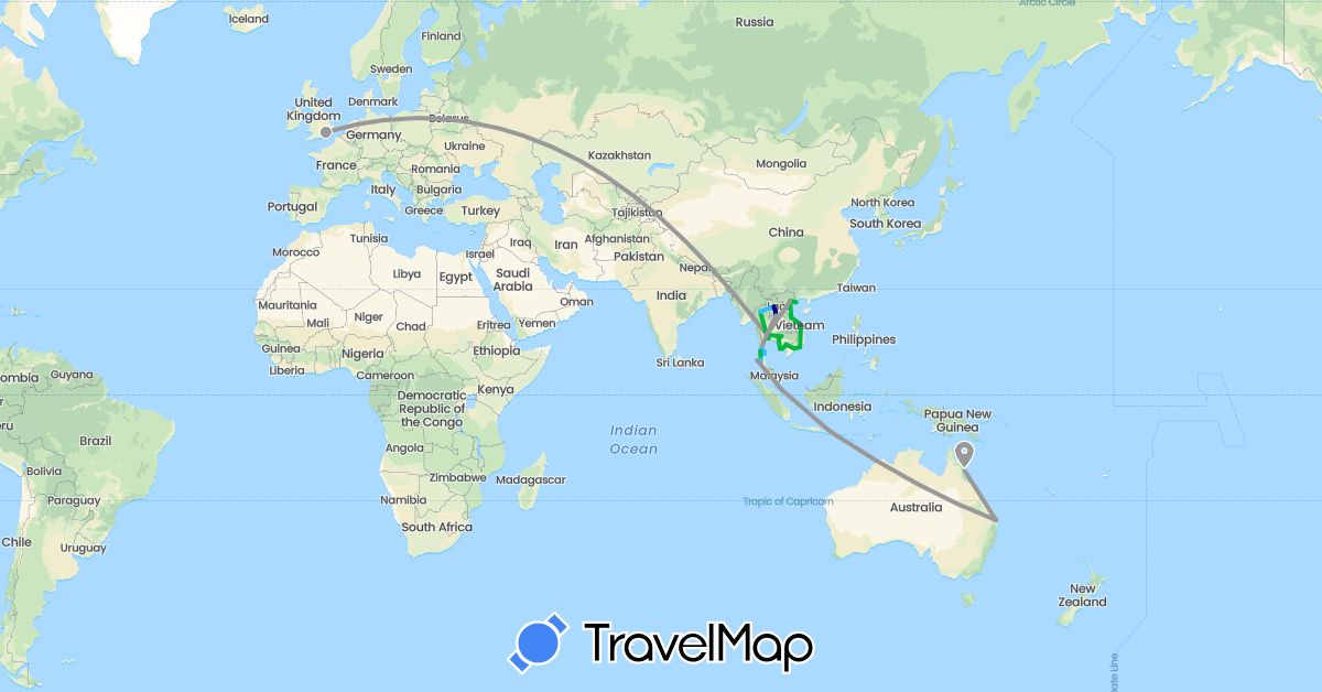 TravelMap itinerary: driving, bus, plane, boat, motorbike in Australia, United Kingdom, Indonesia, Cambodia, Laos, Singapore, Thailand, Vietnam (Asia, Europe, Oceania)